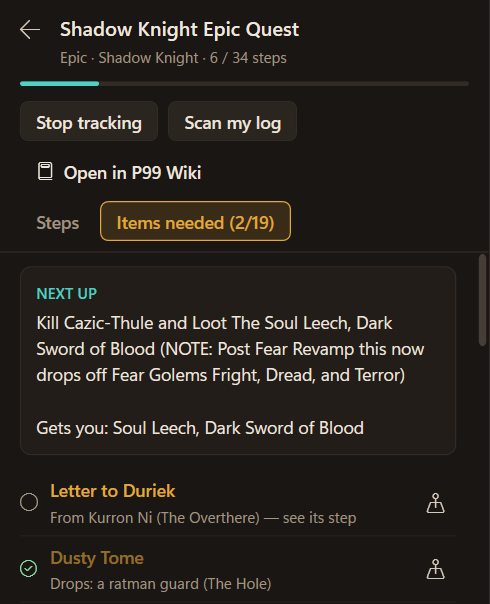 The Shadow Knight Epic checklist at 6 of 34 steps: Next up (kill Cazic-Thule and loot the Soul Leech), then the Items needed list, 2 of 19 found, with where each item comes from.