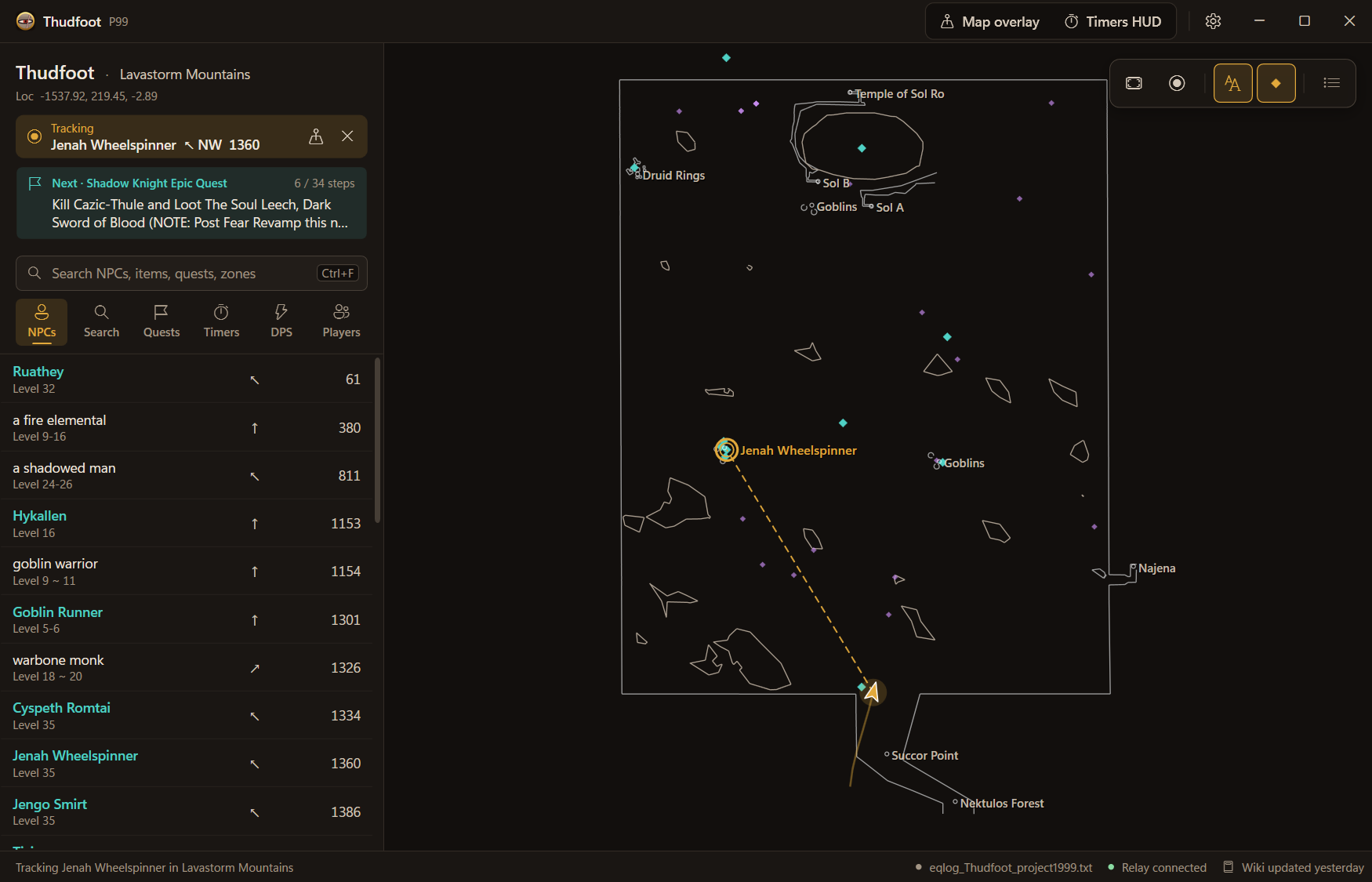 Thudfoot's main window in Lavastorm Mountains. The sidebar tracks Jenah Wheelspinner, 1360 to the northwest, shows the next Shadow Knight Epic step, and lists the zone's NPCs with direction and distance. The map draws your trail and a dashed guide line to her ringed spawn point.