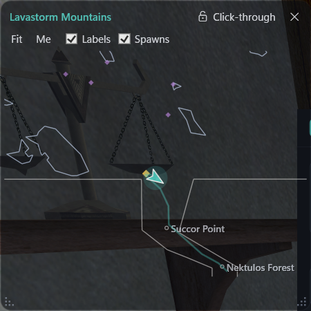 The Thudfoot map overlay for Lavastorm Mountains, drawn over the EverQuest game window, with your arrow and trail.